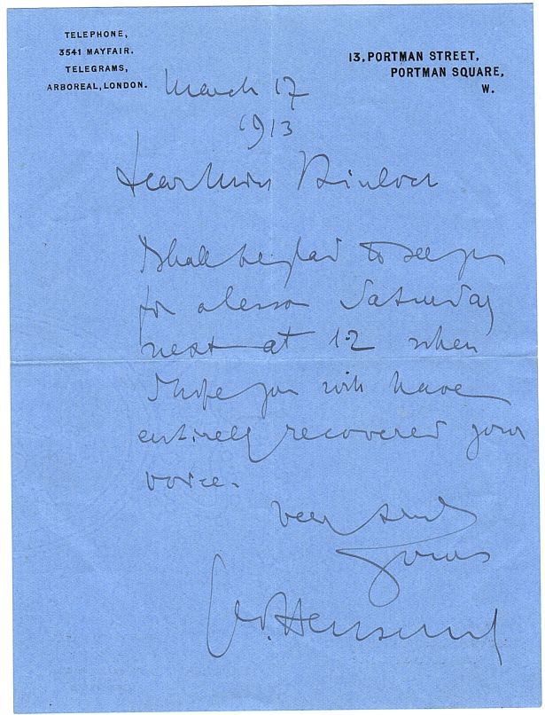 HENSCHEL — Autograph letter signed to Miss Kinloch, | Sophie Dupré Autographs