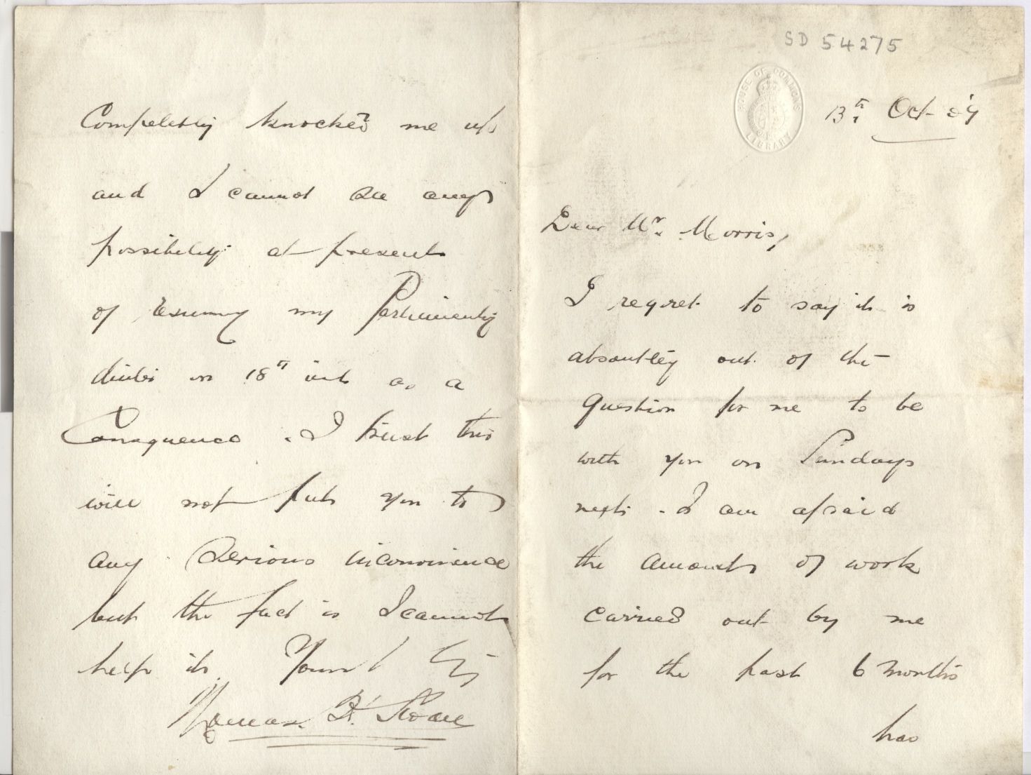 SLOAN — Autograph letter signed to the  Rev. E. Lloyd Morris, | Sophie Dupré Autographs