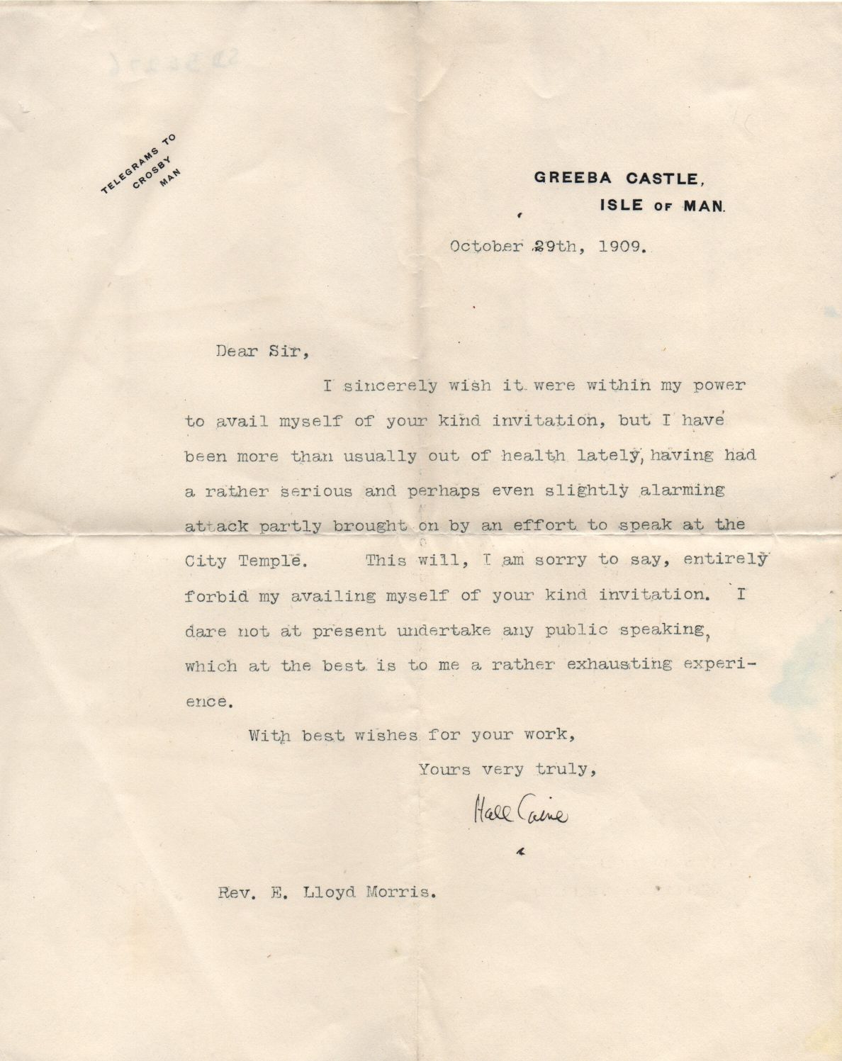 CAINE — Typed Letter Signed to the Rev. E. Lloyd Morris, | Sophie Dupré Autographs