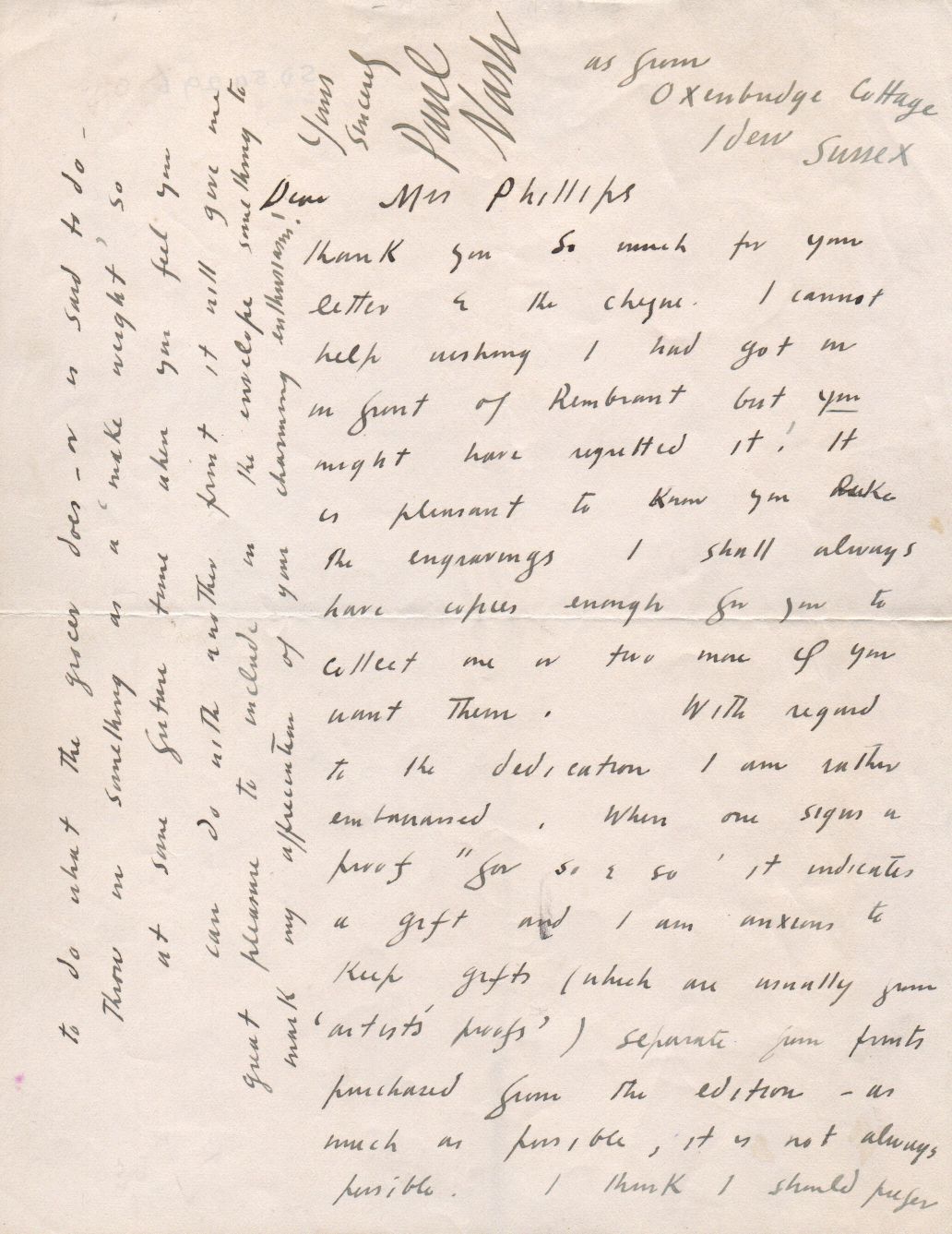 NASH — Autograph Letter Signed to Mrs Marjorie Phillips, | Sophie Dupré Autographs
