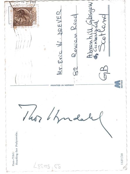 HEYERDAHL — Coloured Postcard Photograph signed on verso, | Sophie Dupré Autographs