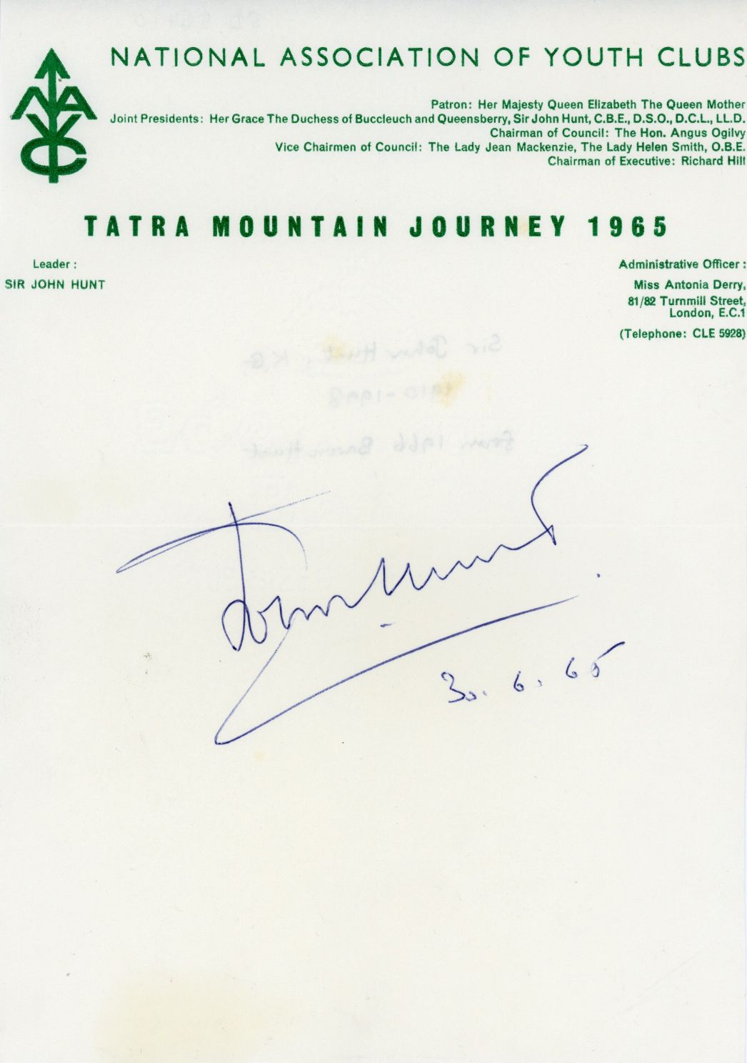 HUNT — Signature 'John Hunt' and date on headed paper | Sophie Dupré Autographs