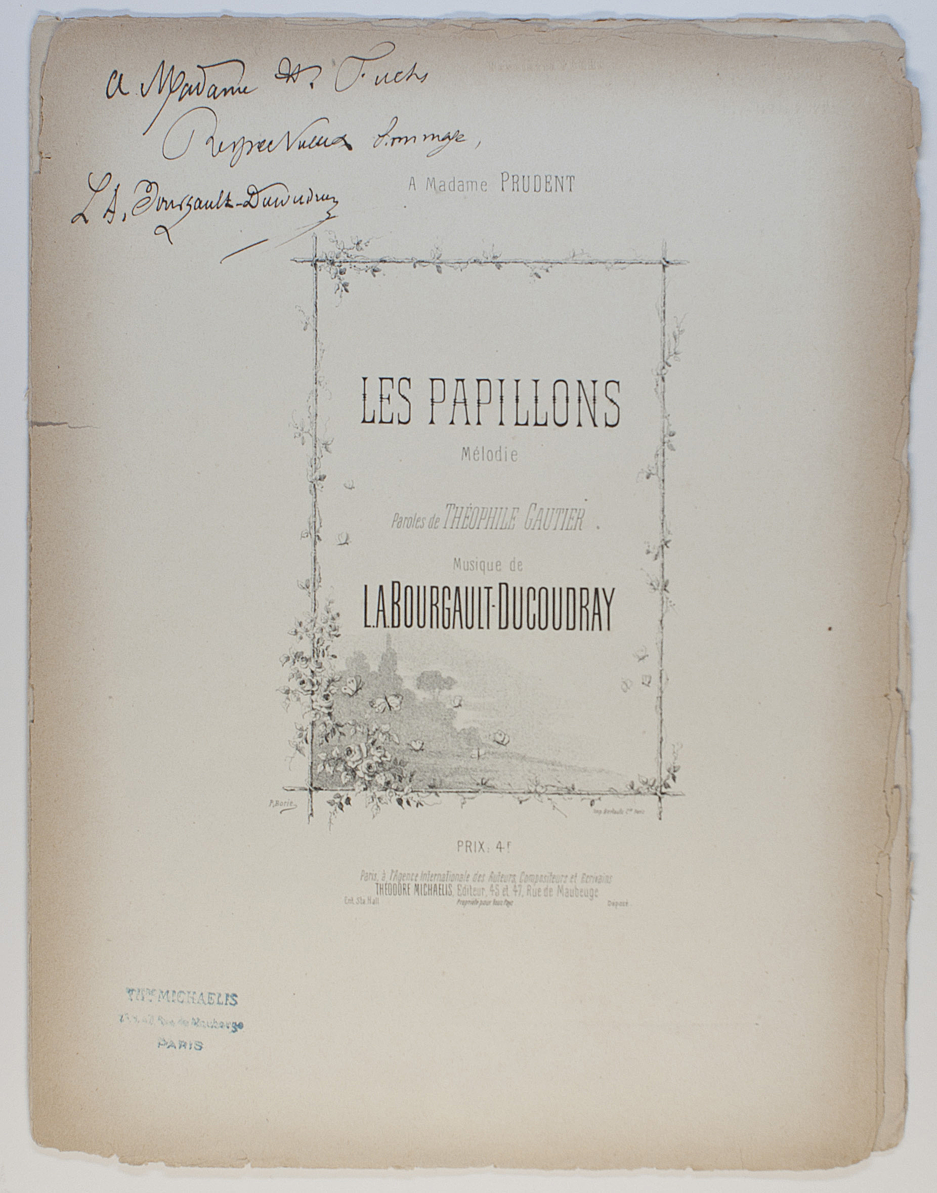 BOURGAULT-DUCOUDRAY — Light hearted song 'Les Papillons' ('The Butterflies'), | Sophie Dupré Autographs