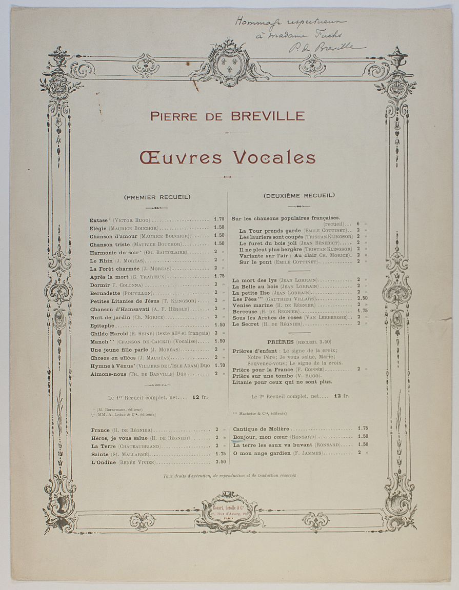 BRÉVILLE — 'Bonjour mon coeur', light-hearted song for voice and piano, | Sophie Dupré Autographs