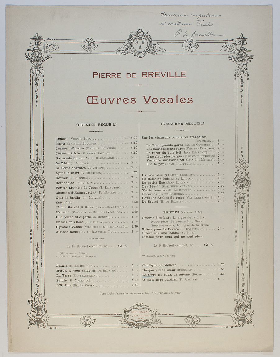BRÉVILLE — 'La terre les eaux va buvant', mock-serious song for voice and piano, | Sophie Dupré Autographs