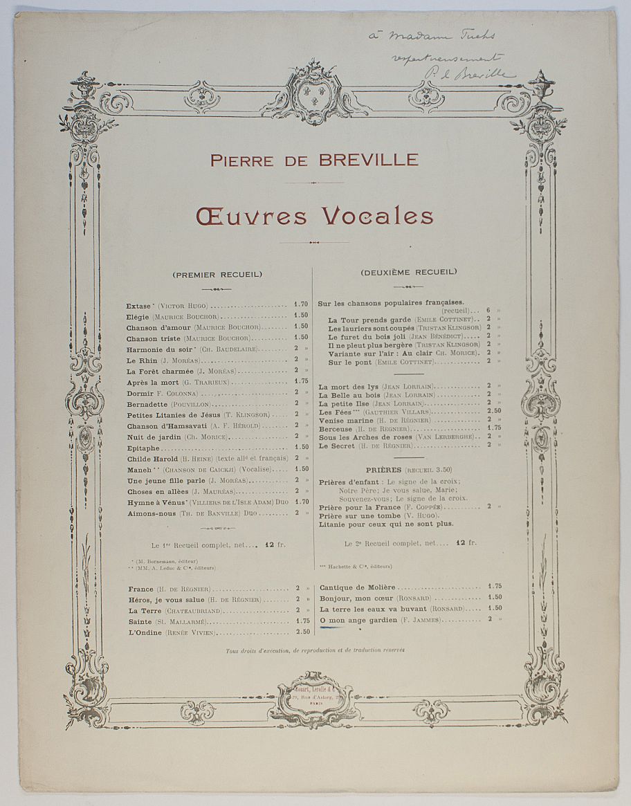BRÉVILLE — 'O mon ange gardien', reflective song for voice and piano, | Sophie Dupré Autographs