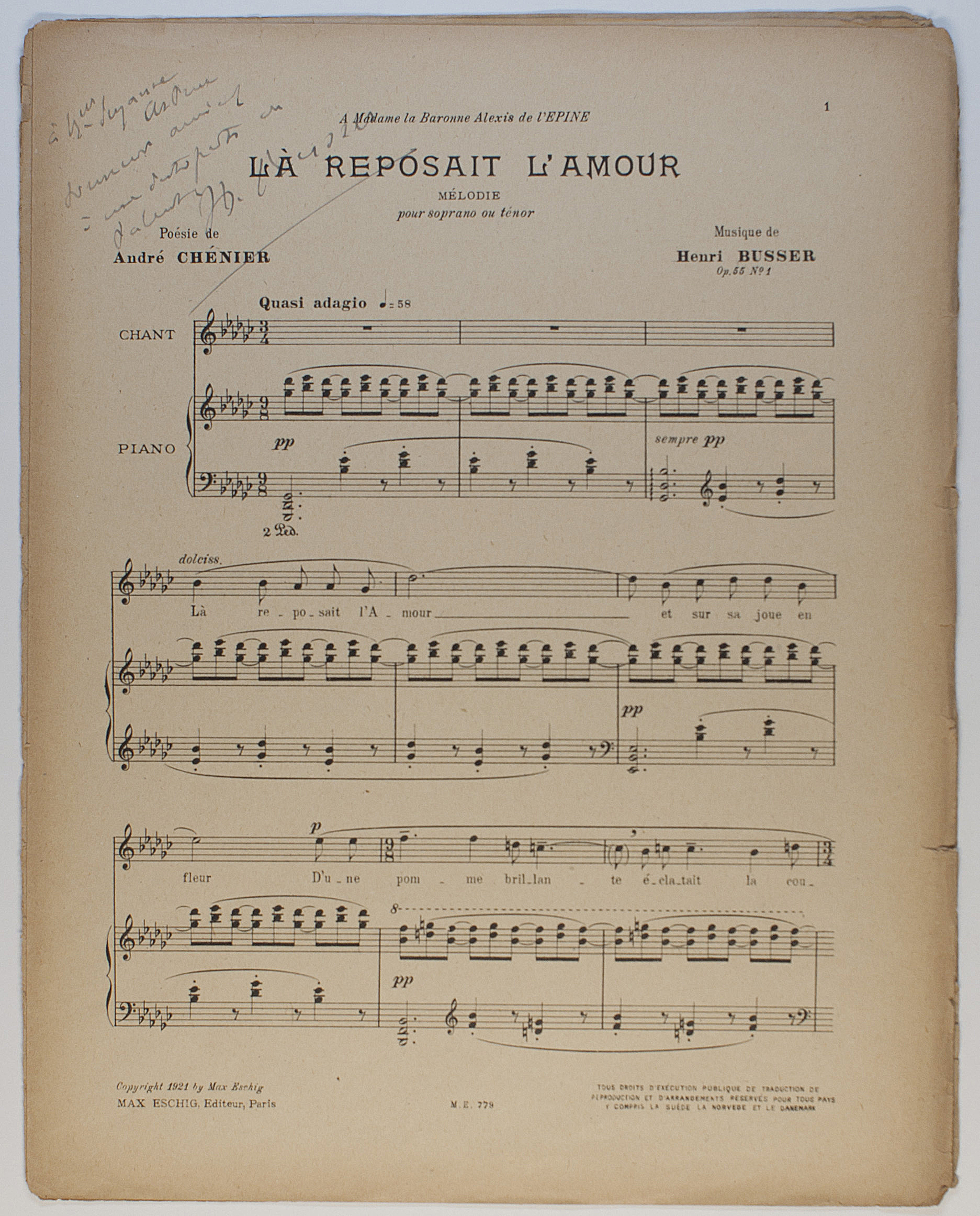 BÜSSER — 'Là reposait l'amour', for soprano or tenor and piano, | Sophie Dupré Autographs