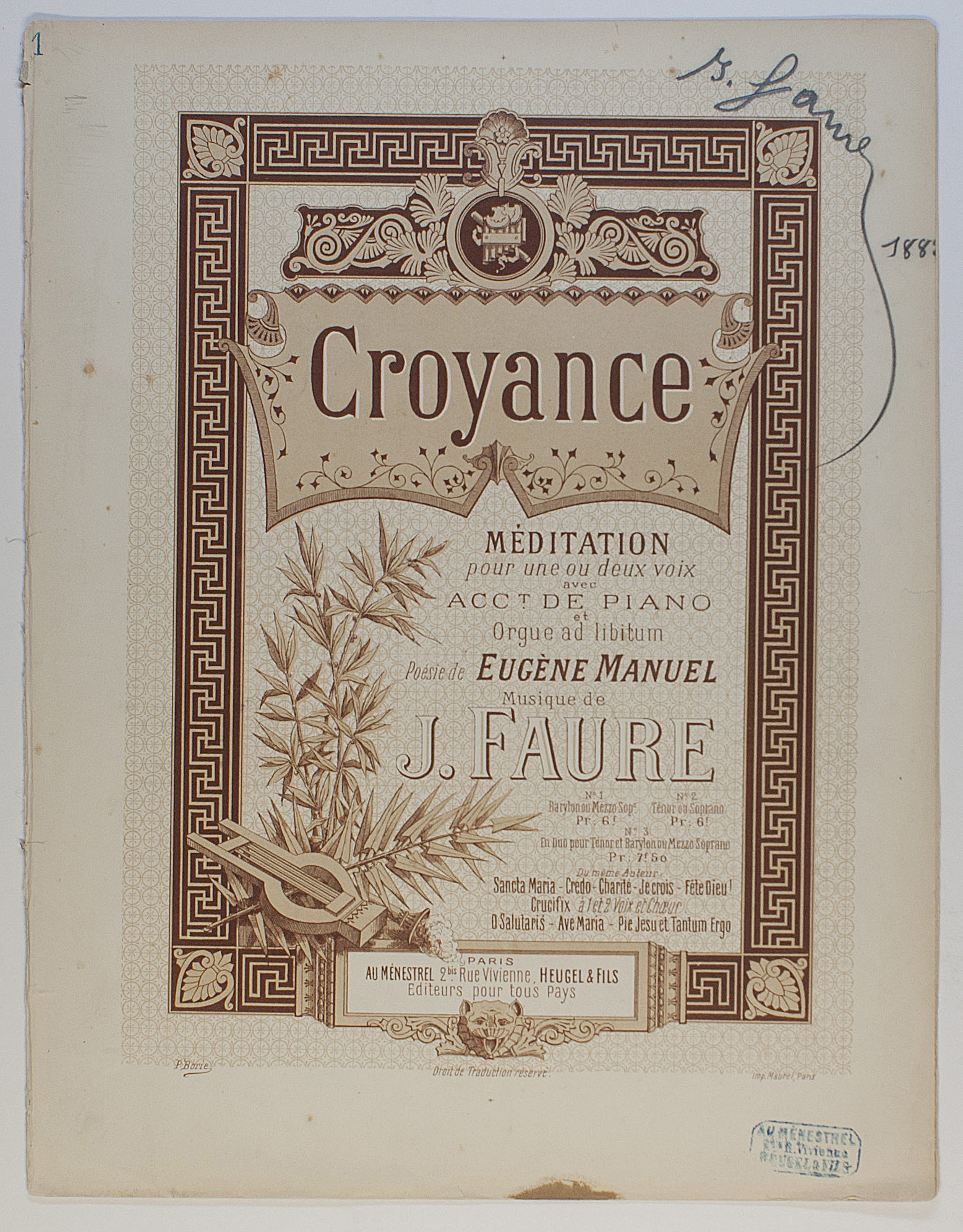 FAURE — 'Croyance, Méditation pour voix et piano', | Sophie Dupré Autographs