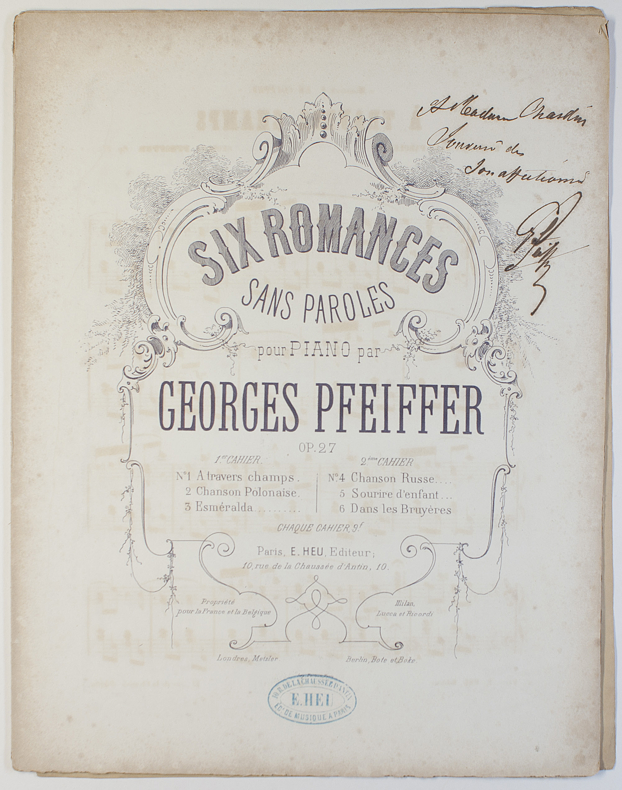 PFEIFFER — 'A travers champs', no. 1 of 'Six romances sans paroles' for piano, | Sophie Dupré Autographs