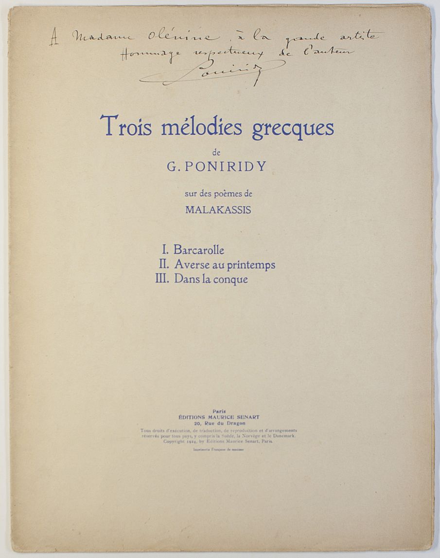 PONIRIDY — 'Trois mélodies grecques', signed | Sophie Dupré Autographs