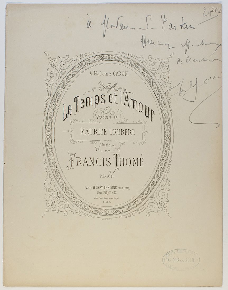 THOMÉ — 'Le Temps et L'Amour' for voice and piano, | Sophie Dupré Autographs