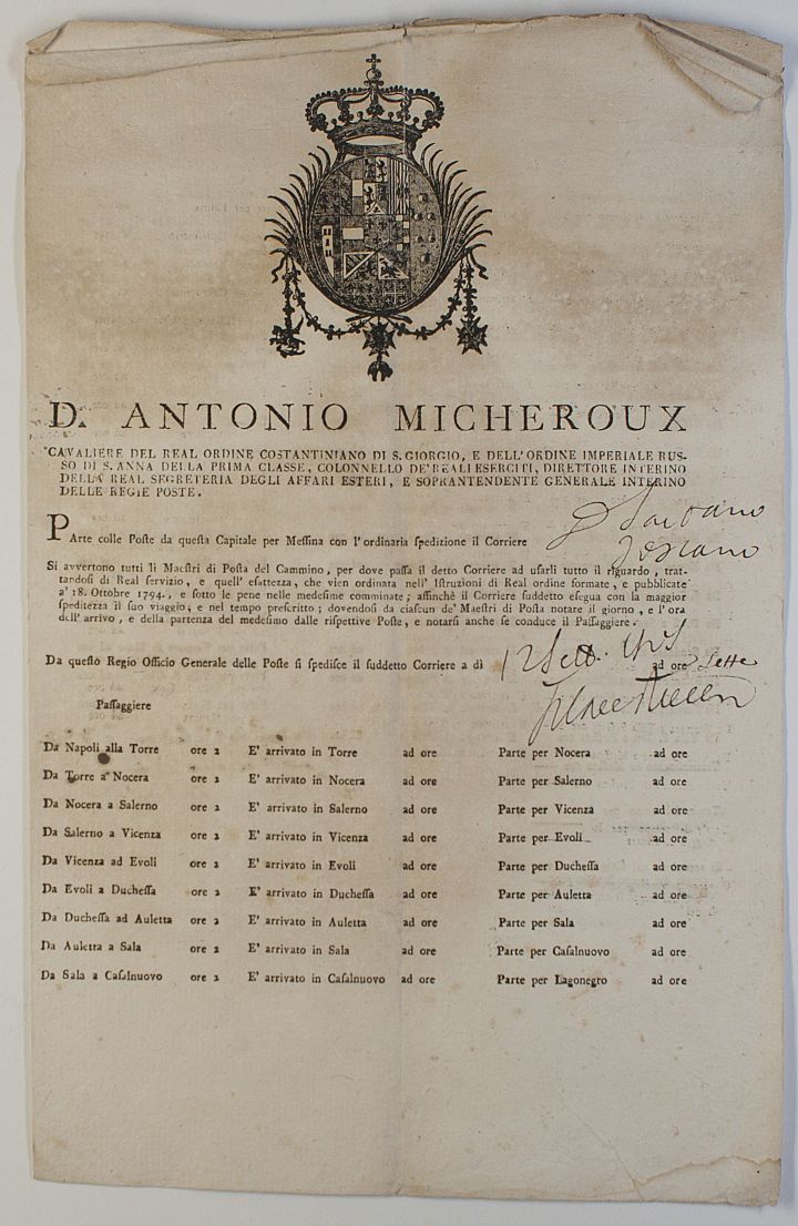 [MICHEROUX — Printed Route Schedule, from  Naples to Messina  in Sicily and back, | Sophie Dupré Autographs