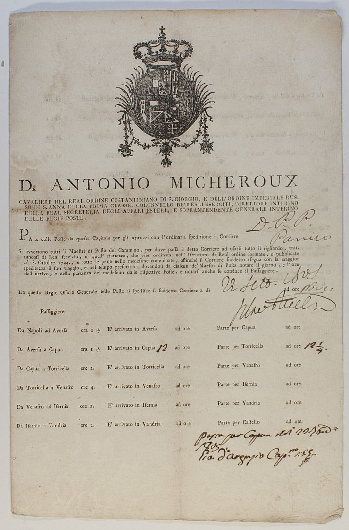 [MICHEROUX — Printed Route Schedule, from  Naples to L'Aquila  and back, | Sophie Dupré Autographs