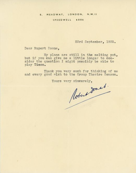 DONAT — Typed Letter Signed to  Rupert Doone | Sophie Dupré Autographs