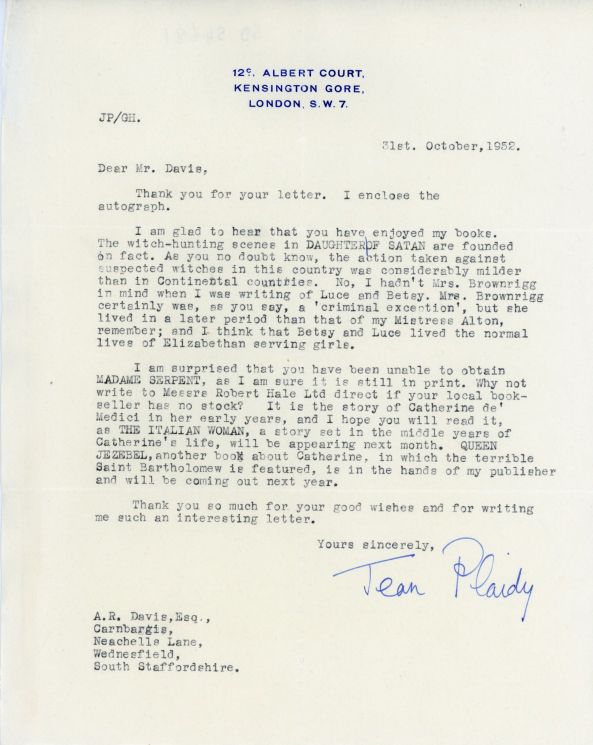 PLAIDY — Typed Letter Signed 'Jean Plaidy' to A.R. Davis of Wednesfield, | Sophie Dupré Autographs