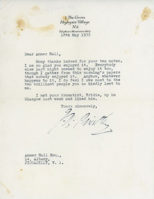 PRIESTLEY — Typed Letter Signed to the impresario Anmer Hall, | Sophie Dupré Autographs