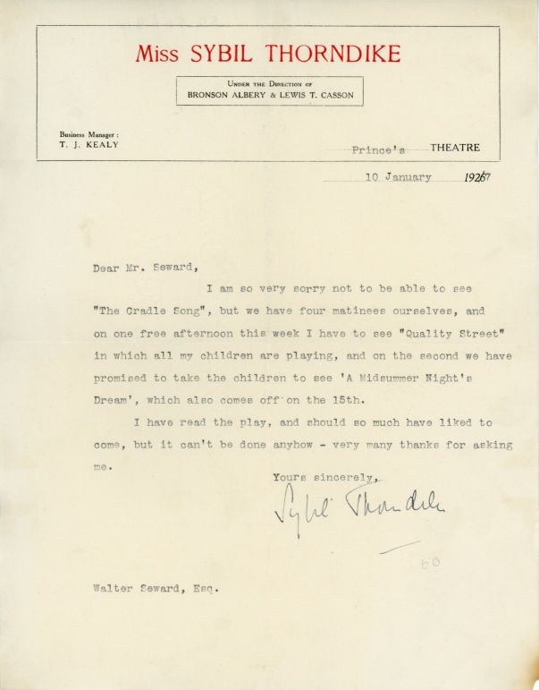 THORNDIKE — Typed Letter Signed to Walter Seward, playwright & composer for children, | Sophie Dupré Autographs