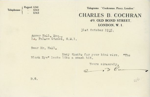 COCHRAN — Typed Letter Signed to the impresario Anmer Hall, | Sophie Dupré Autographs