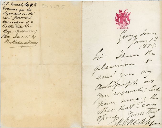 KENEALY — Autograph Letter Signed to 'Sir', (Thomas Richards Berry), | Sophie Dupré Autographs