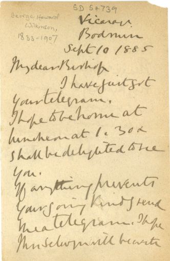 WILKINSON — Autograph Letter Signed as Bishop of Truro, 1883-1891, | Sophie Dupré Autographs