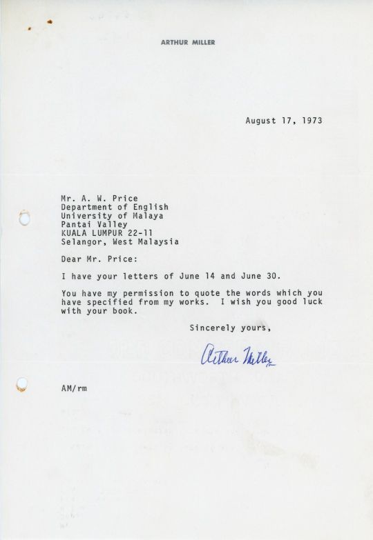 MILLER — Typed Letter Signed to A.W. Price, | Sophie Dupré Autographs