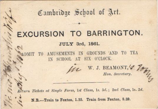 BEAMONT — Printed Ticket headed 'Cambridge School of Art  Excursion to Barrington' | Sophie Dupré Autographs