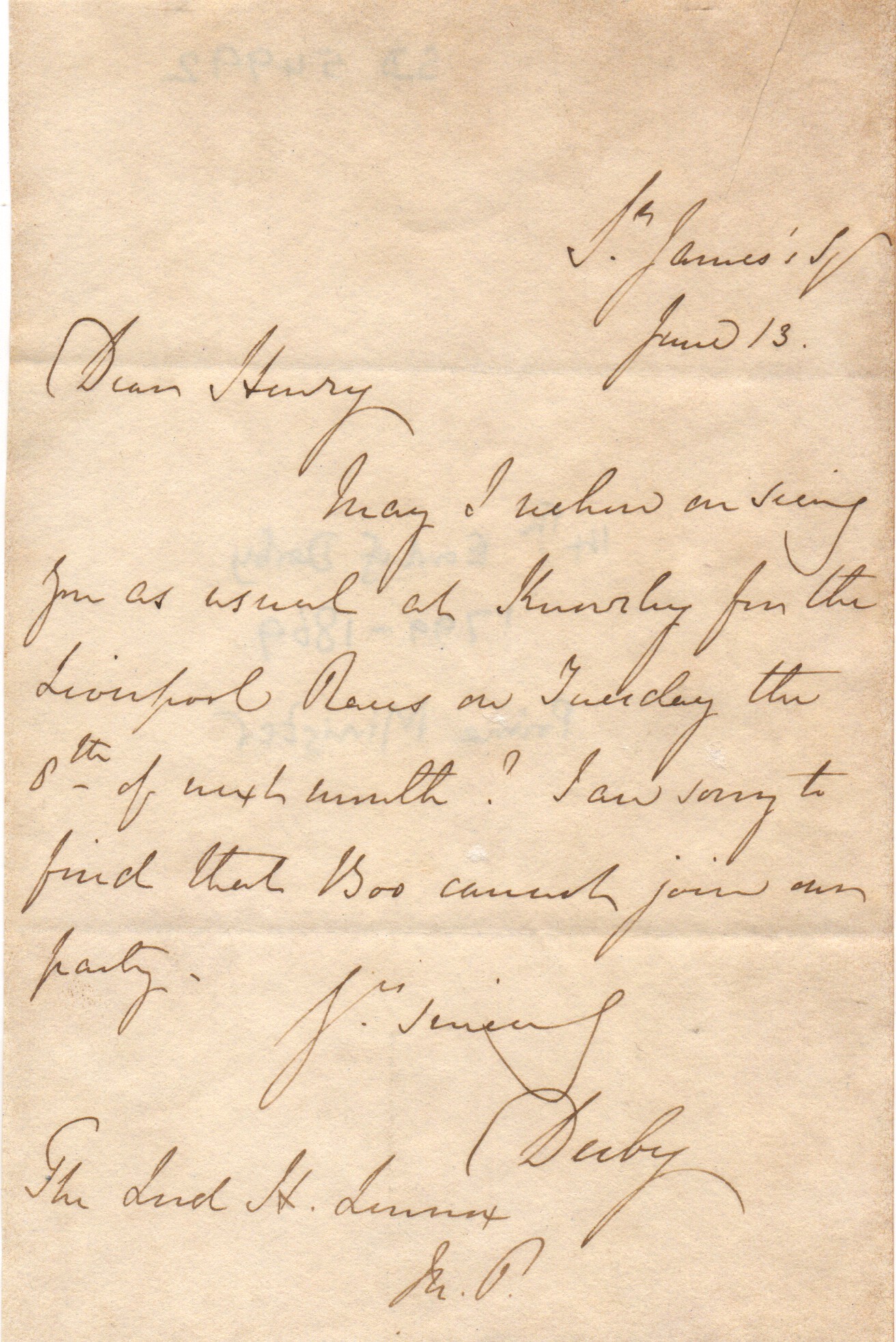 DERBY — Autograph Letter Signed to 'Dear Henry', | Sophie Dupré Autographs
