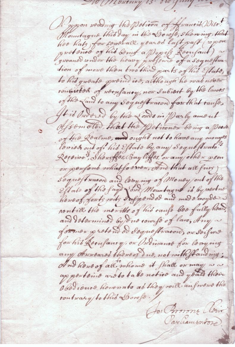 [MONTAGU — Order by the House of Lords, signed by John BROWNE (circa 1608-1691, Clerk of the Parliaments) | Sophie Dupré Autographs