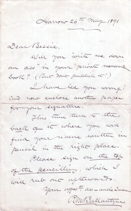 BALLANTYNE — Autograph Letter Signed to his niece Bessie, | Sophie Dupré Autographs