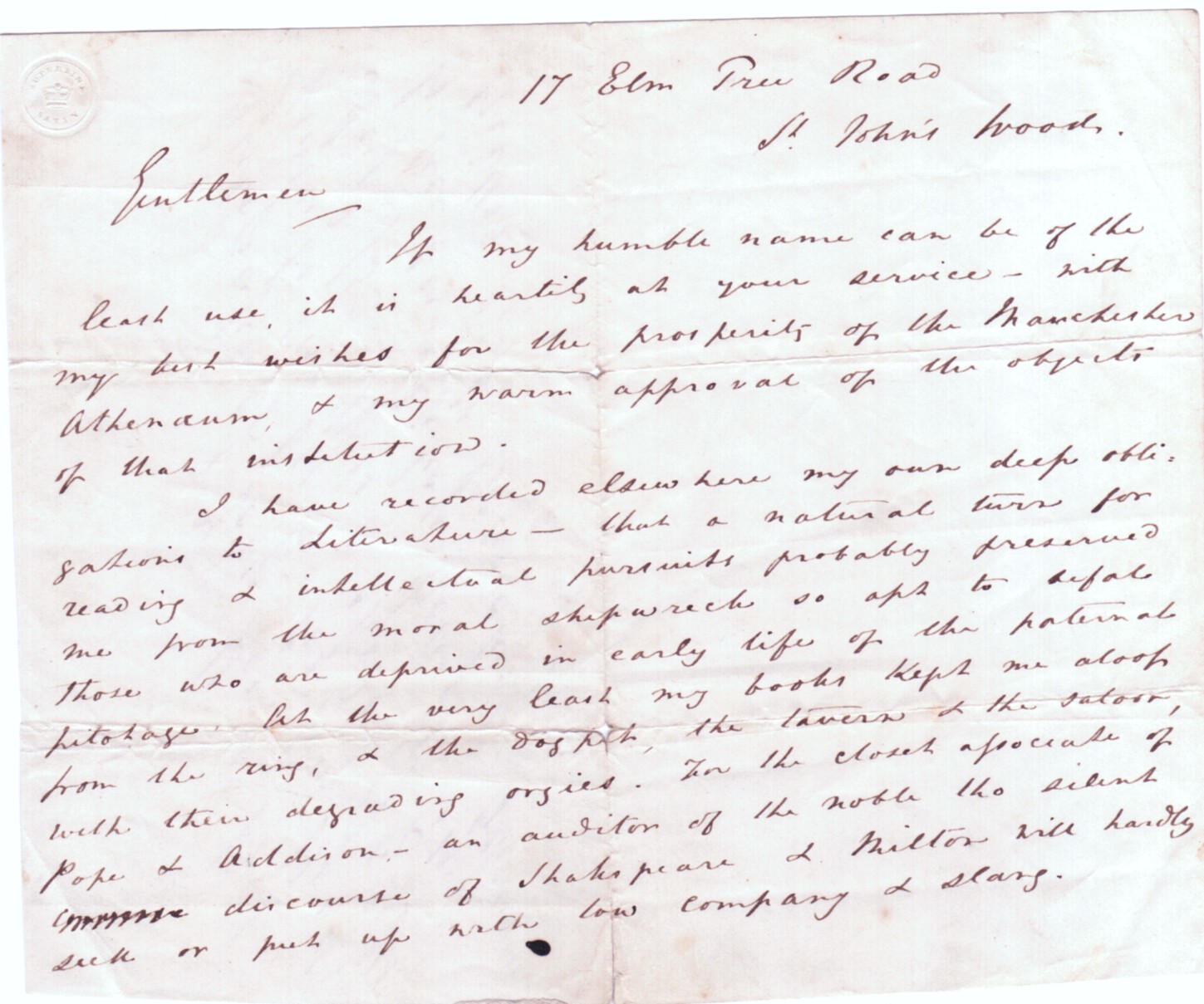 HOOD — Autograph Draft of a Reply to an Invitation of the Manchester Athenaeum, | Sophie Dupré Autographs