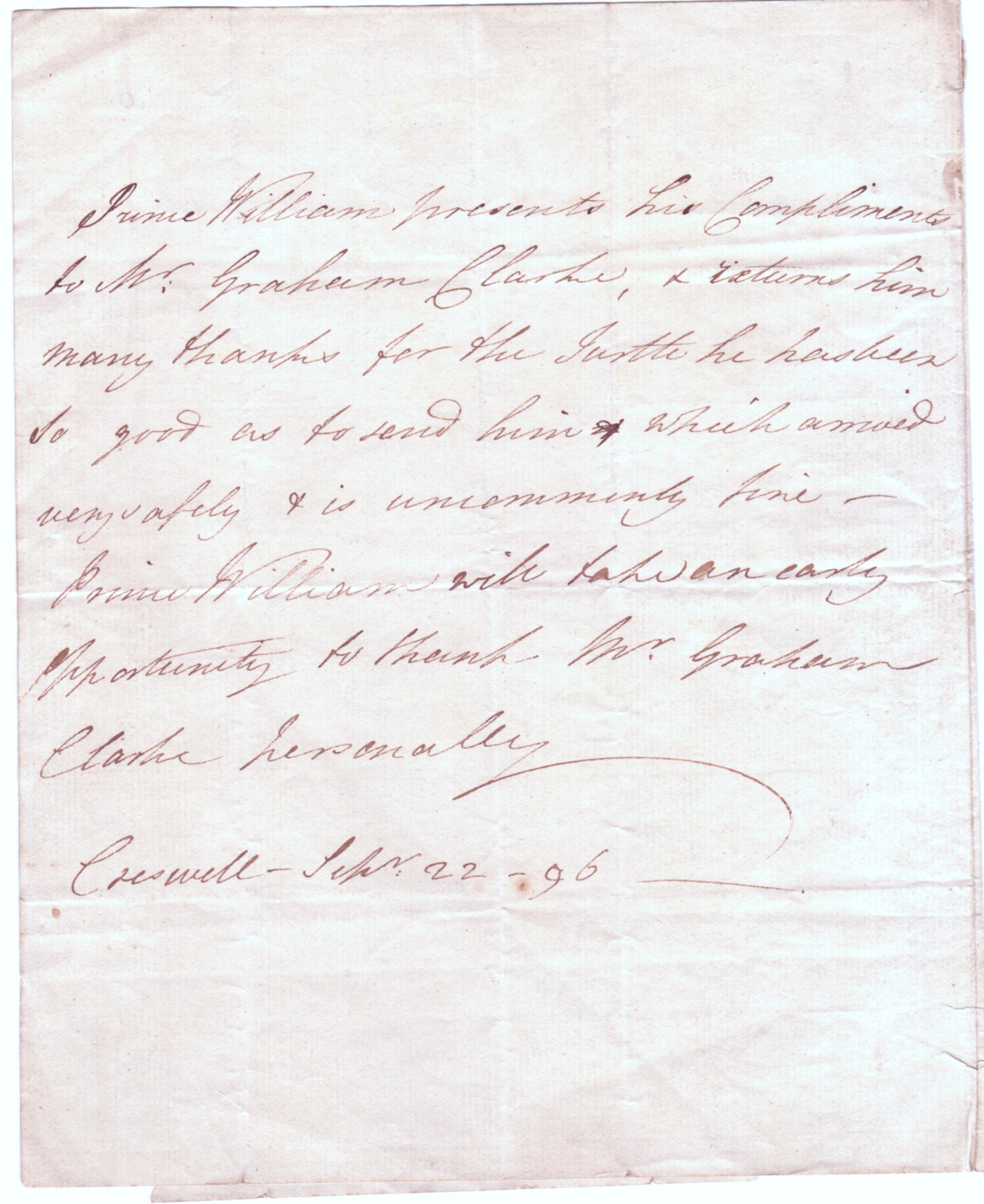WILLIAM HENRY — Autograph Letter in the Third Person to Graham Clarke, Esq., | Sophie Dupré Autographs
