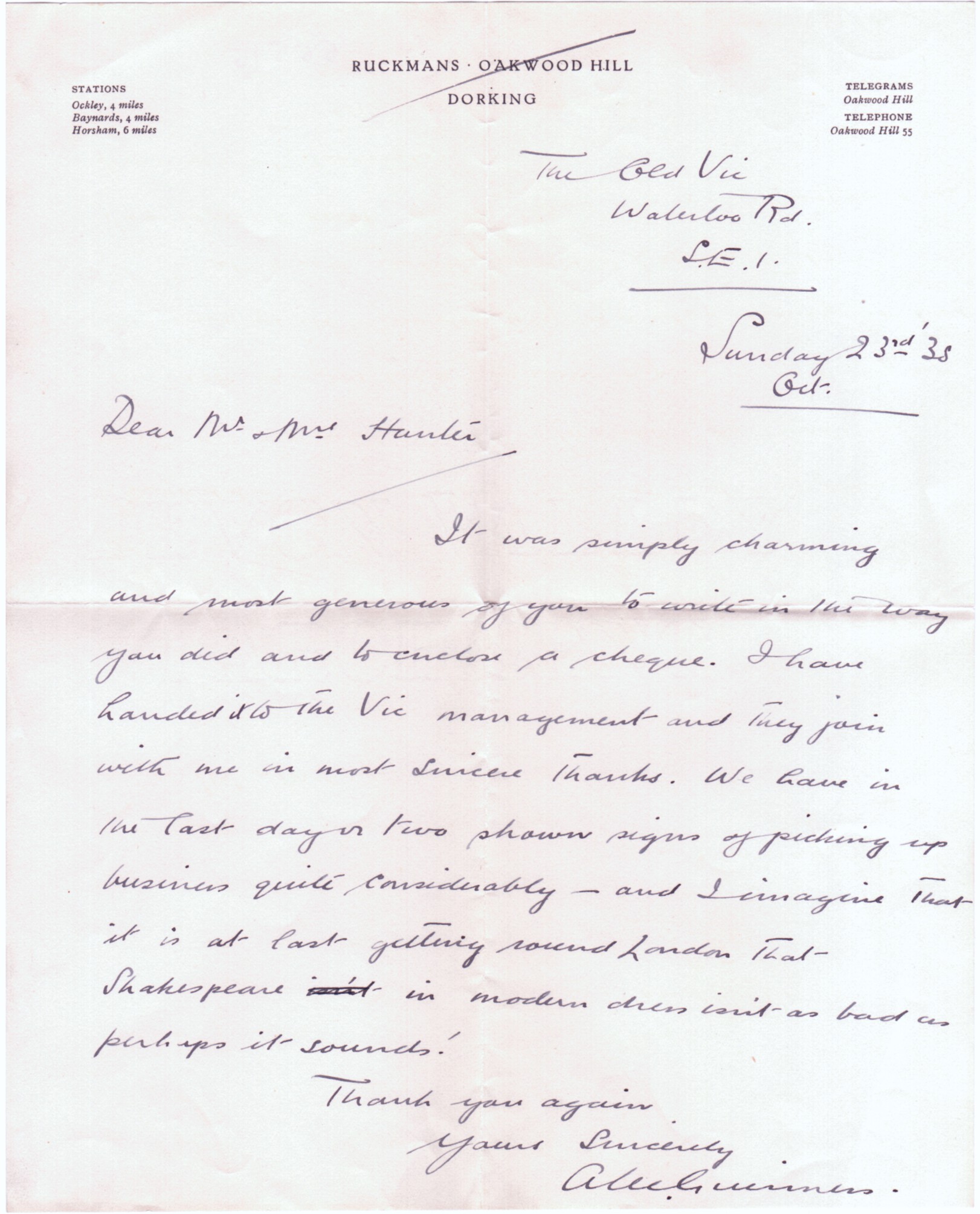 GUINNESS — Autograph Letter Signed to Mr & Mrs Hunter, | Sophie Dupré Autographs