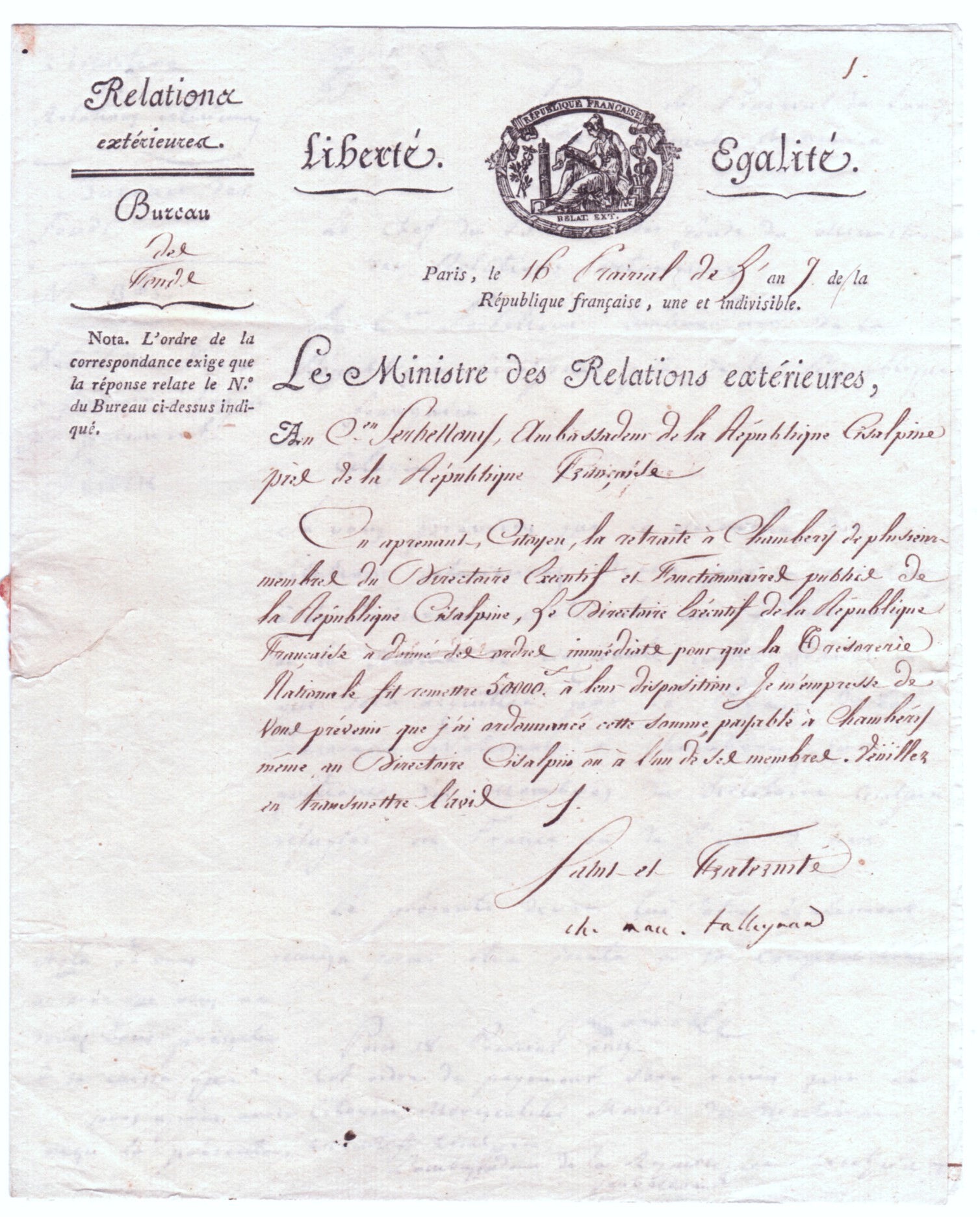 TALLEYRAND — Document Signed 'Ch. Mau. Talleyrand' to F. SERBELLONI | Sophie Dupré Autographs