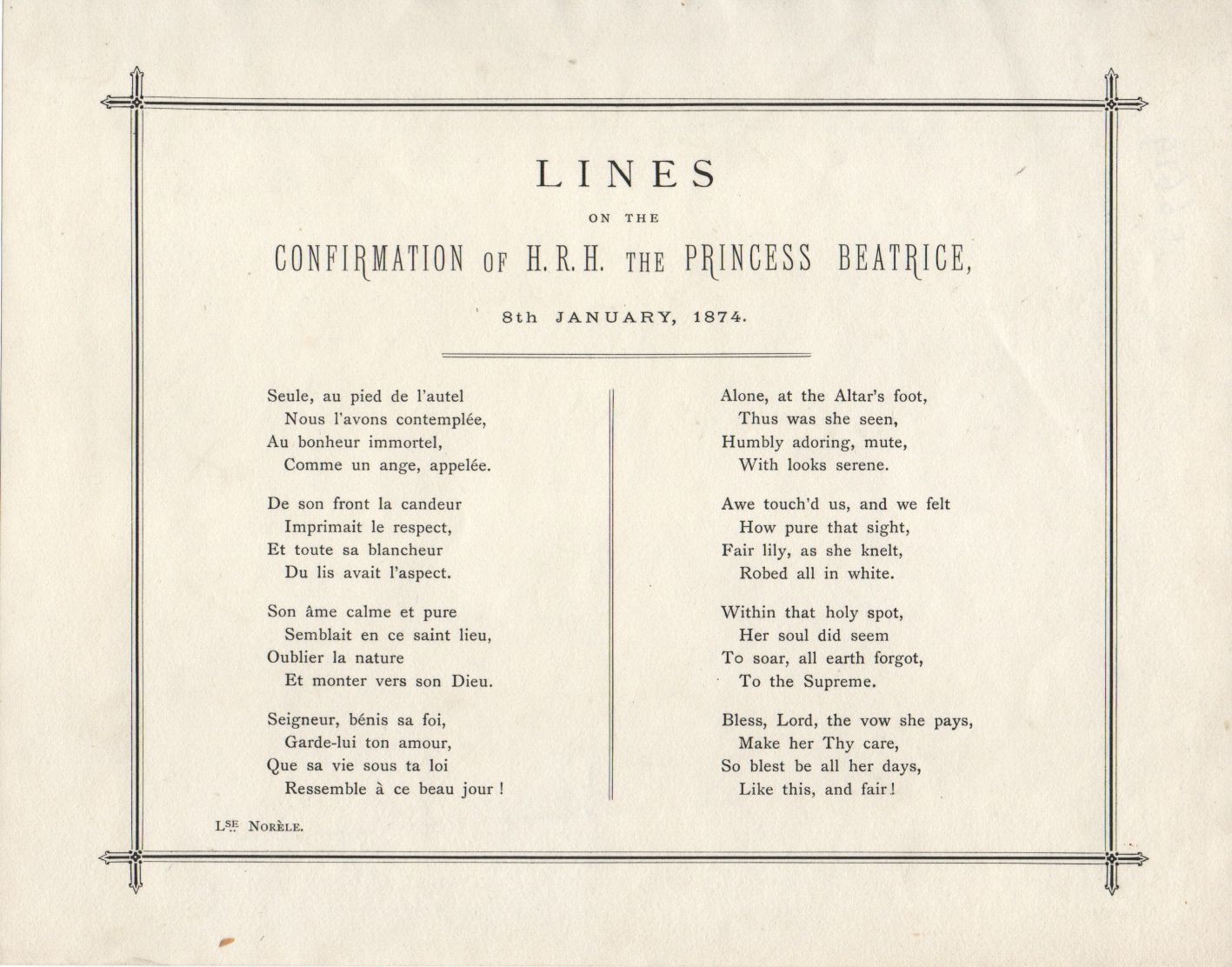 [BEATRICE — Printed 'Lines on the Confirmation of H.R.H. the Princess Beatrice', | Sophie Dupré Autographs