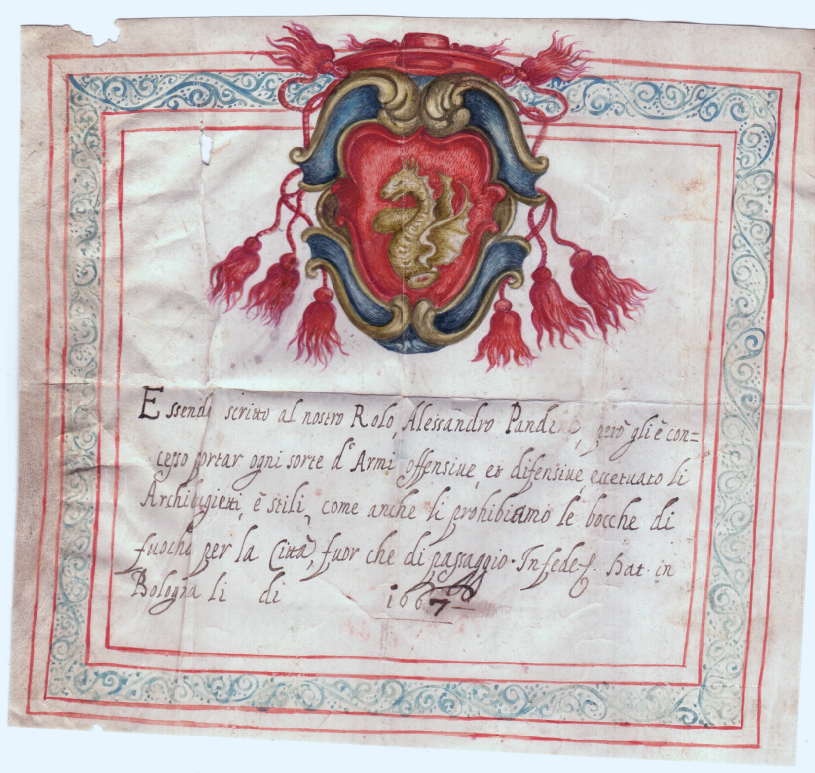 [BONCOMPAGNI — Attractive Manuscript Permission to Carry Weapons, | Sophie Dupré Autographs