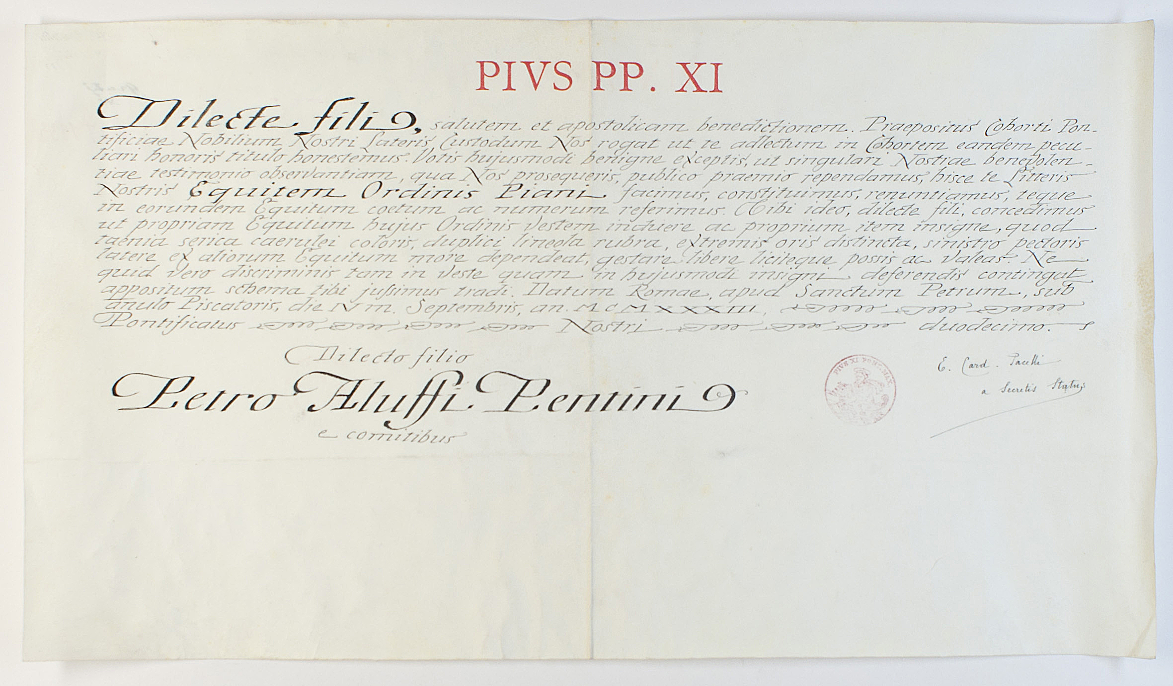 PIUS XII — Finely penned Apostolic Brief, signed 'E. Card. Pacelli' as Secretary of State, to Pietro dei Conti ALUFFI PENTINI, | Sophie Dupré Autographs