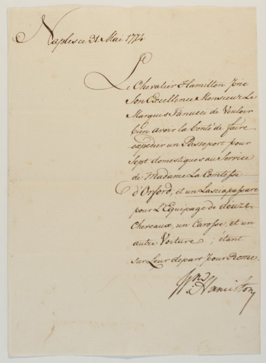HAMILTON — Fine letter Signed to the Marquess Bernardo TANUCCI, | Sophie Dupré Autographs