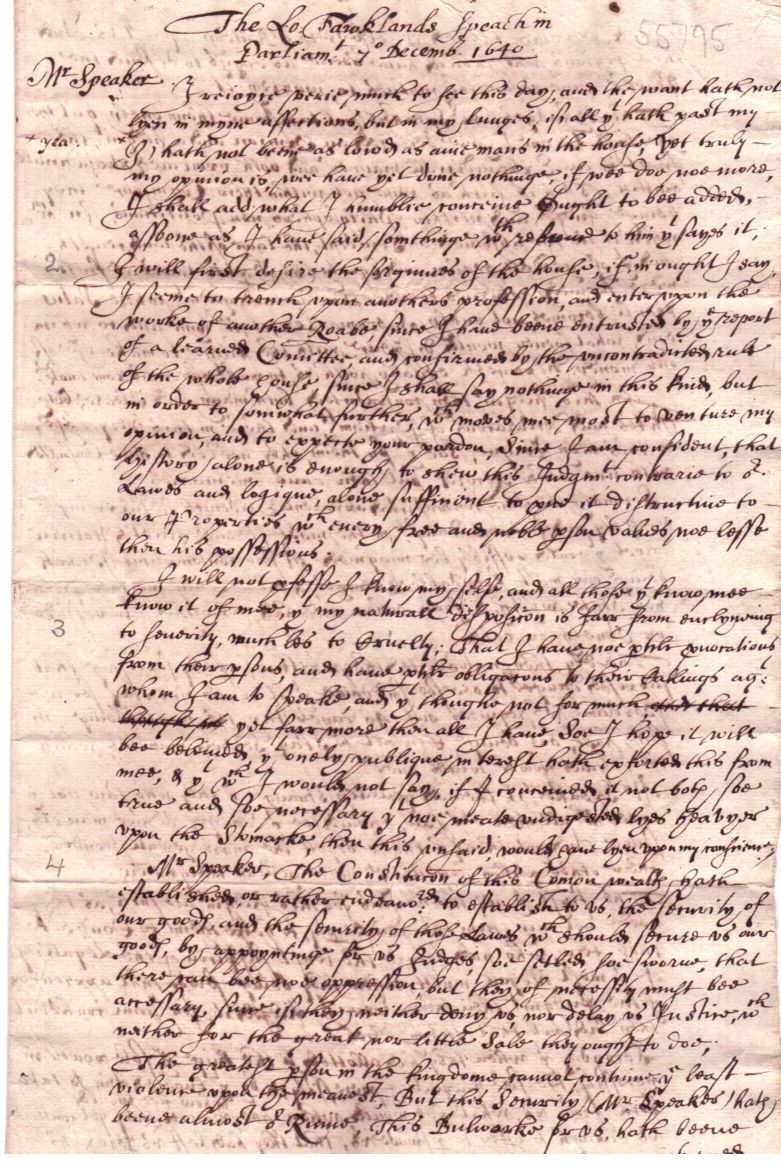 [FALKLAND — Contemporary Manuscript Copy of his magnificent SPEECH AGAINST SHIP-MONEY | Sophie Dupré Autographs