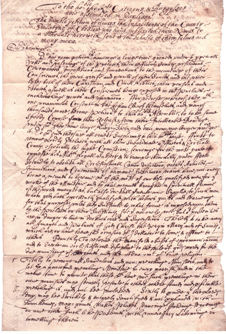 [CHESHIRE] — Contemporary Unsigned Copy of the Petition of divers the Inhabitants of the County Palatine of Chester | Sophie Dupré Autographs