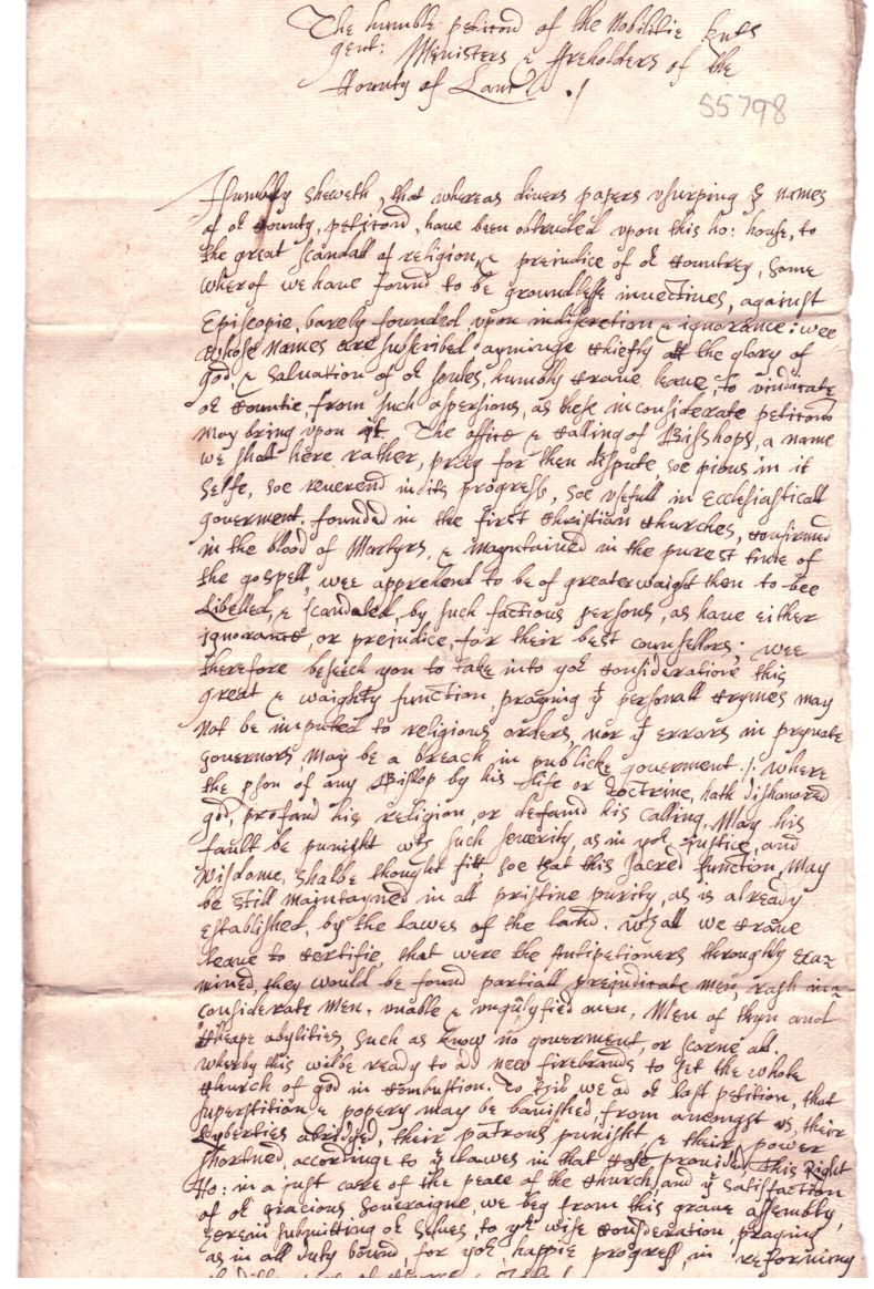 [LANCASHIRE] — Contemporary Unsigned Copy of the Petition of the Nobility Knights Gentry Ministers & Freeholders of the County of Lancaster | Sophie Dupré Autographs