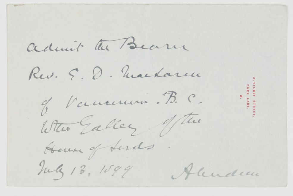 ABERDEEN — Autograph Signed Admission to the House of Lords Gallery | Sophie Dupré Autographs