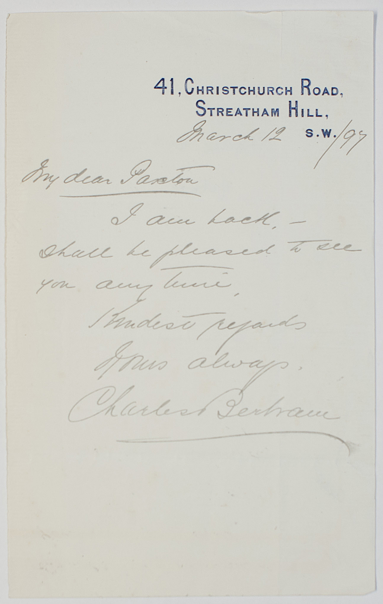 BERTRAM — Autograph Letter Signed to Sydney PAXTON, | Sophie Dupré Autographs