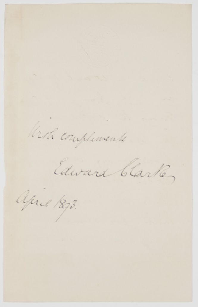 CLARKE — Signature and Inscription with Compliments, | Sophie Dupré Autographs