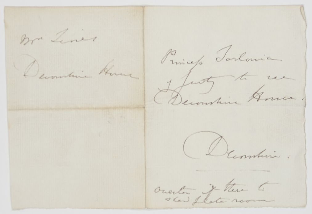 DEVONSHIRE — Autograph Note Signed to Mrs LINES at Devonshire House, | Sophie Dupré Autographs