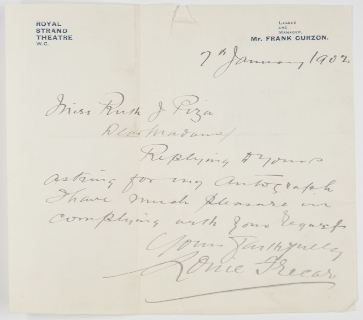 FREAR — Autograph Letter Signed to Miss Ruth J. PIZA, | Sophie Dupré Autographs