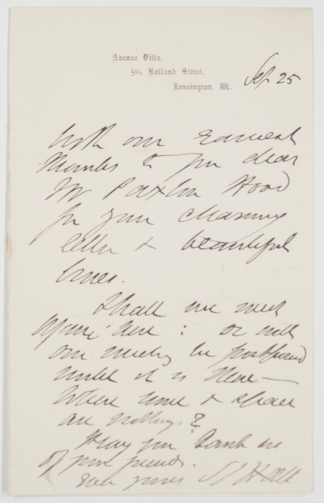 HALL — Autograph Letter Signed to the Revd. Edwin PAXTON HOOD, | Sophie Dupré Autographs