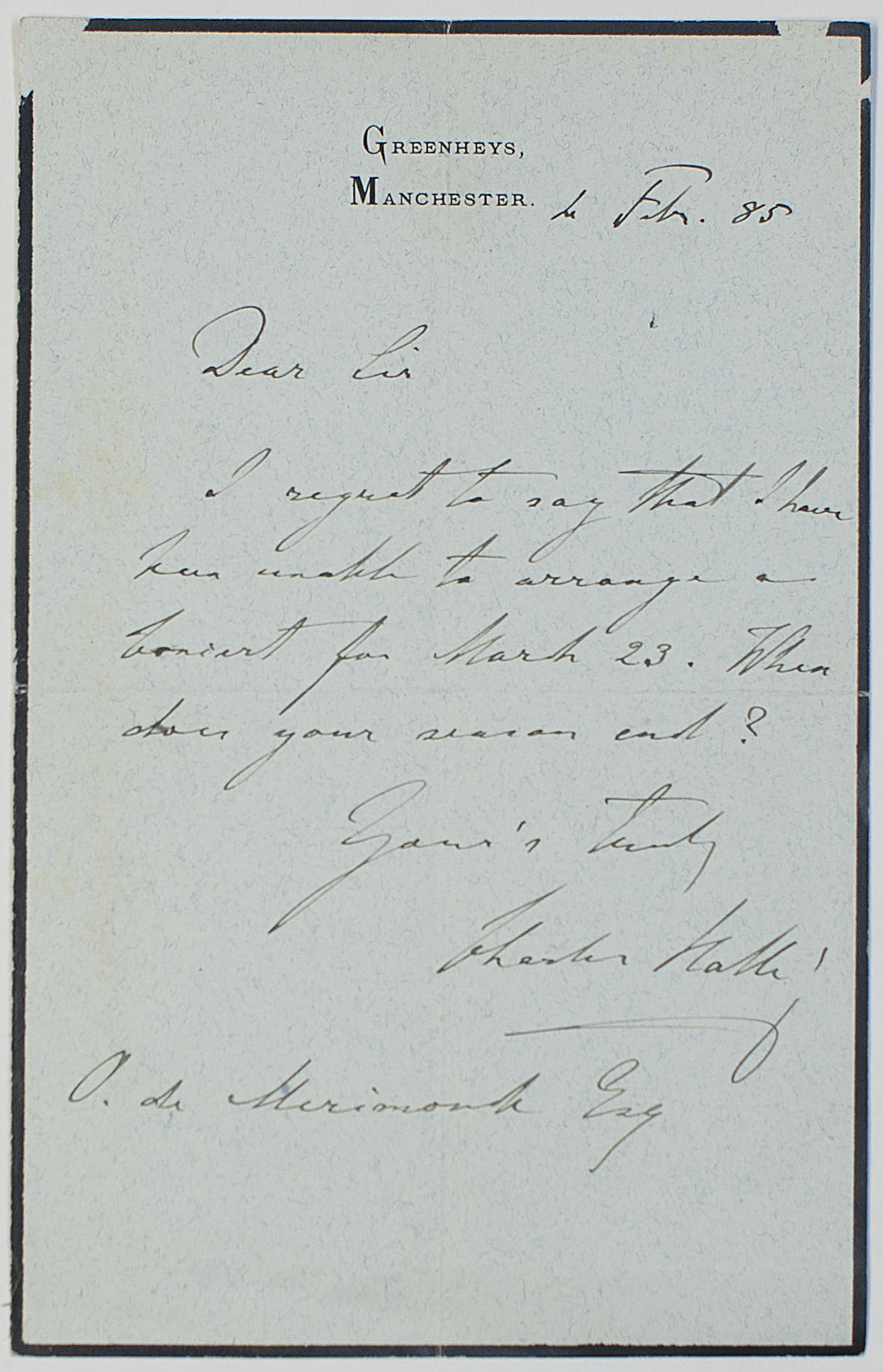 HALLÉ — Autograph Letter Signed to O de MERINCOURT, | Sophie Dupré Autographs