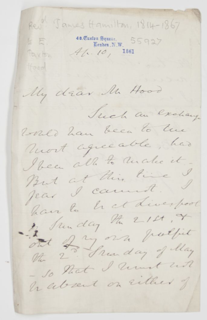 HAMILTON — Autograph Letter Signed to the Revd. Edwin PAXTON HOOD, | Sophie Dupré Autographs