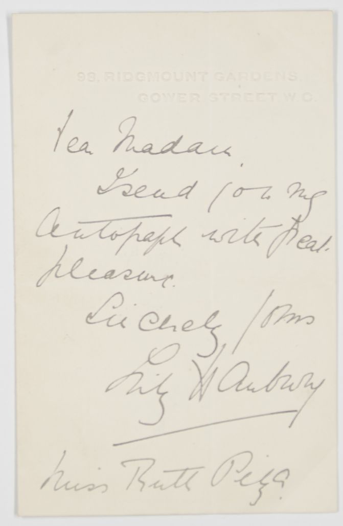 HANBURY — Autograph Letter Signed to Miss Ruth J. PIZA, | Sophie Dupré Autographs