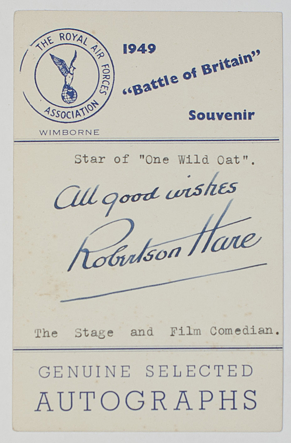 HARE — Signature and 'All good wishes' on a Battle of Britain Souvenir Card, | Sophie Dupré Autographs